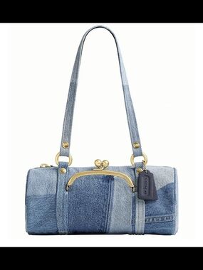 Coach Denim Barrel Shoulder Bag in Light and Medium Blue with Gold Hardware